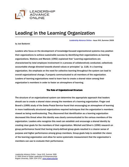 Leading in the Learning Organization - Regent University