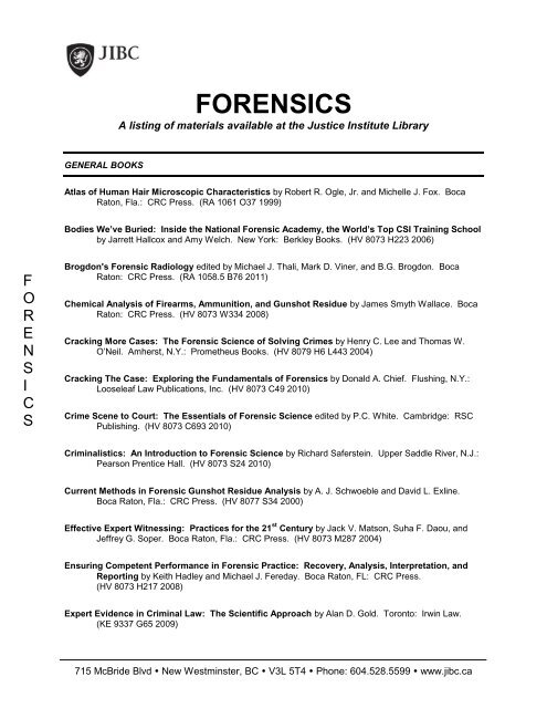 Forensics - JIBC Library - Justice Institute of British Columbia