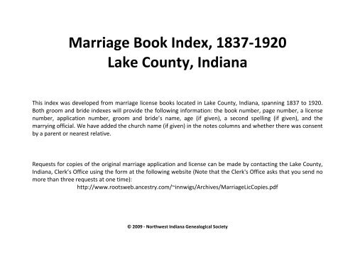 Marriage Book Index, 1837-1920 Lake County, Indiana - RootsWeb ...