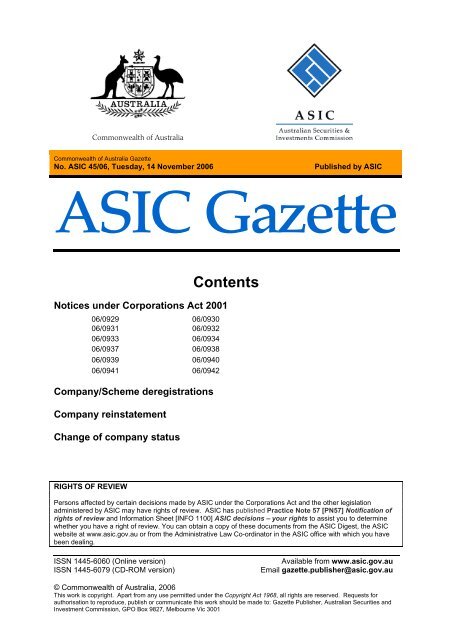 ASIC Gazette - Australian Securities and Investments Commission