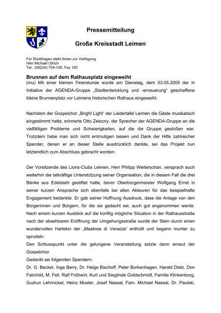 Pressemitteilung GroÃƒÂŸe Kreisstadt Leimen