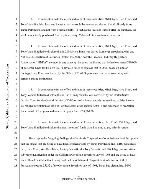 Desist and Refrain Order - Department of Corporations - State of ...