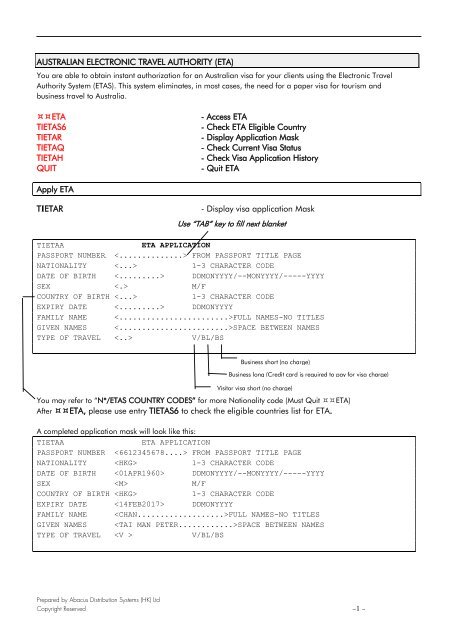 Australian electronic travel authority (eta) - Abacus Distribution ...