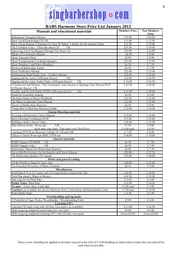 BABS Harmony Store Price List January 2012