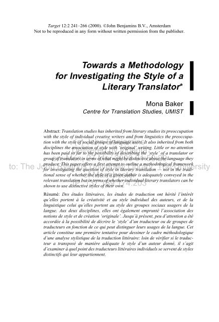 Towards a Methodology for Investigating the Style of a Literary ...