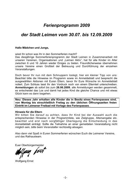 Ferienprogramm 2009 der Stadt Leimen vom 30.07. bis 12.09.2009