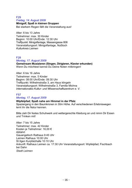 Ferienprogramm 2009 der Stadt Leimen vom 30.07. bis 12.09.2009