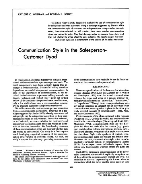 Communication Style in the Salesperson-Customer Dyad