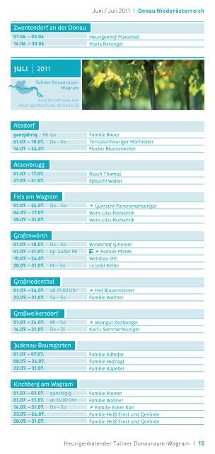 Heurigenkalender Tullner Donauraum-Wagram - Wachau