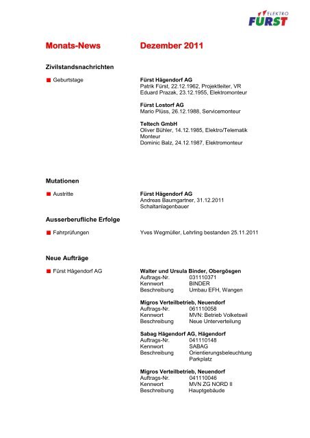 Monats-News Dezember 2011 - bei Elektro-Fürst Holding AG