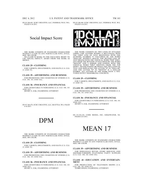 marks published for opposition - U.S. Patent and Trademark Office