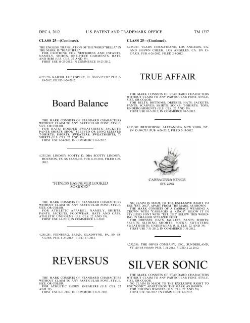 marks published for opposition - U.S. Patent and Trademark Office