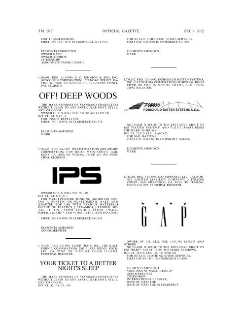 marks published for opposition - U.S. Patent and Trademark Office