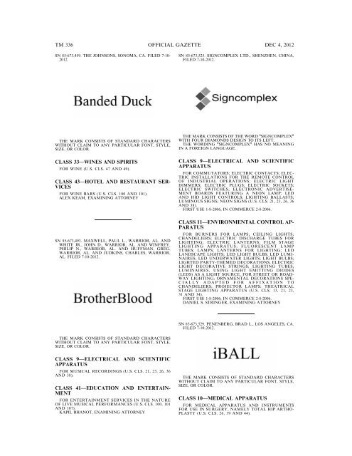 marks published for opposition - U.S. Patent and Trademark Office