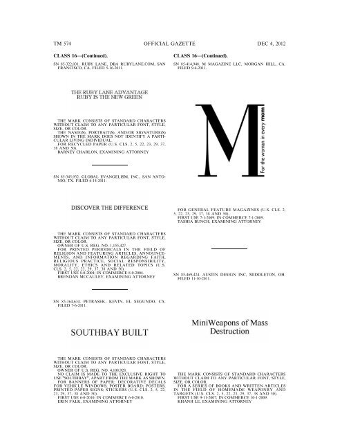 marks published for opposition - U.S. Patent and Trademark Office