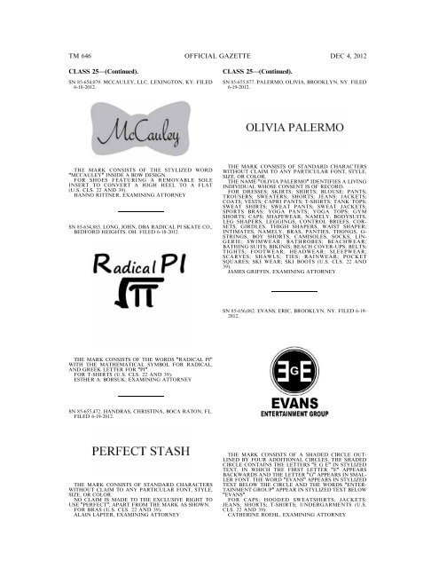 marks published for opposition - U.S. Patent and Trademark Office