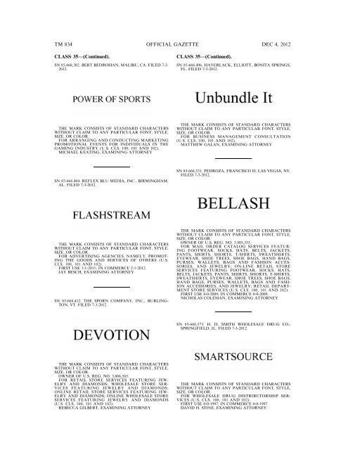 marks published for opposition - U.S. Patent and Trademark Office