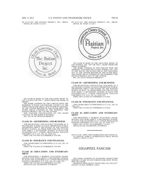 marks published for opposition - U.S. Patent and Trademark Office