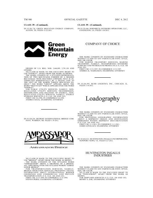 marks published for opposition - U.S. Patent and Trademark Office