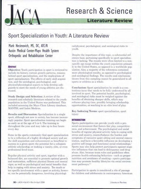 Sport Specialization in Youth: A Literature Review. - Murdoch ...