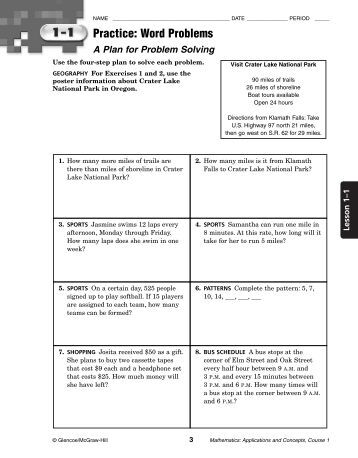 Worksheets Glencoe/mcgraw-hill Word Problem Practice Answers algebra i chapter 1 practice workbook answer key word problems glencoe
