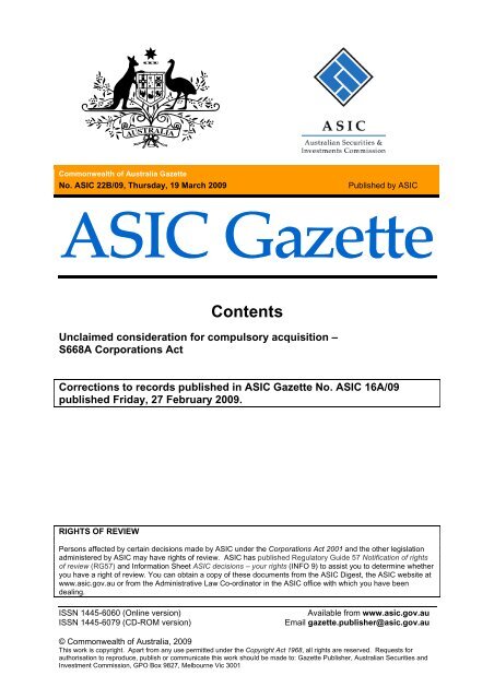 ASIC Gazette - Australian Securities and Investments Commission