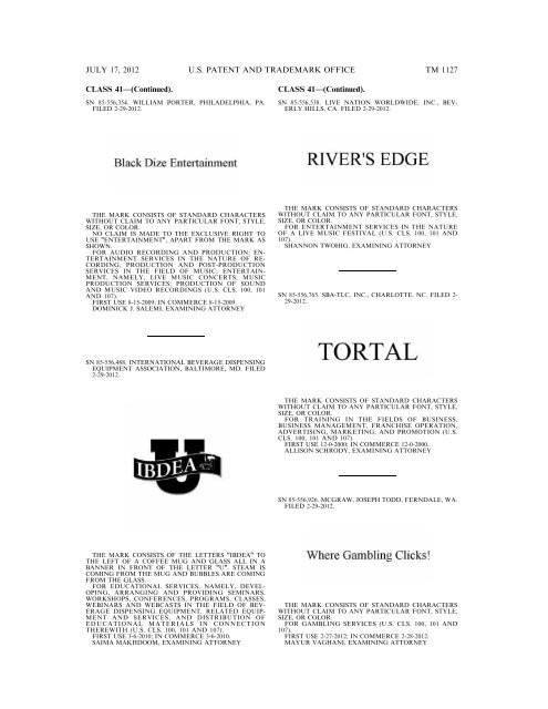 marks published for opposition - U.S. Patent and Trademark Office