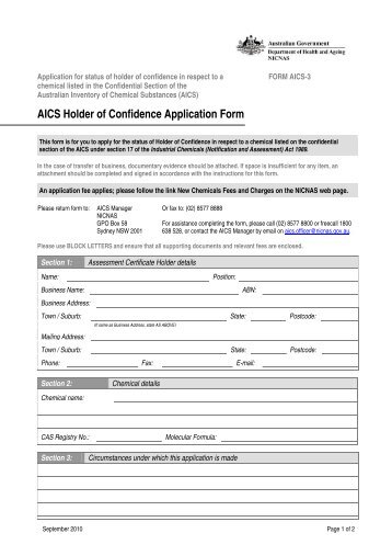 AICS Holder of Confidence Application Form - NICNAS