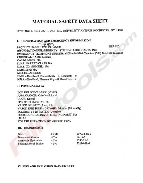 Lens cleaner msds