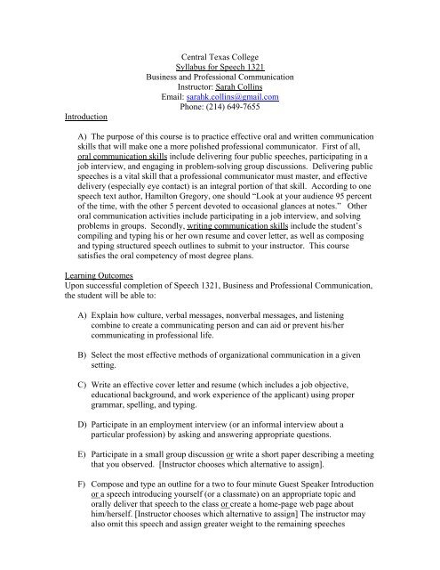 Central Texas College Syllabus for Speech 1321 Business and ...