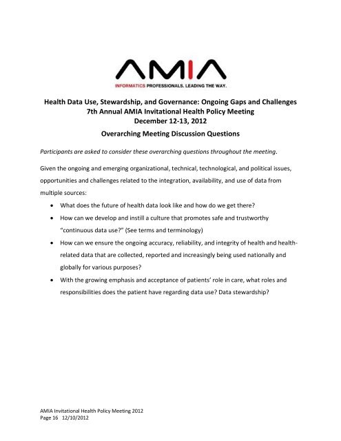 7th Annual AMIA Invitational Health Policy Meeting December 12-13 ...