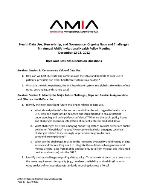 7th Annual AMIA Invitational Health Policy Meeting December 12-13 ...