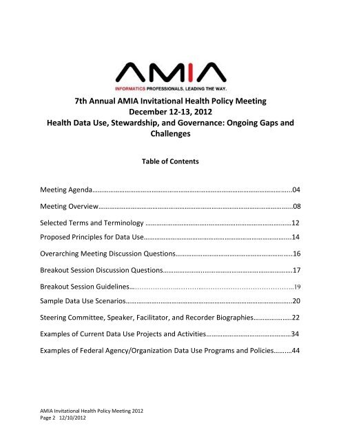 7th Annual AMIA Invitational Health Policy Meeting December 12-13 ...