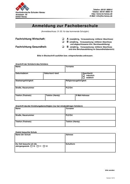 Anmeldung zur Fachoberschule - Kaufmännische Schulen Hanau
