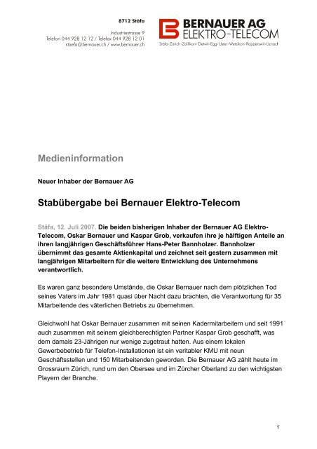 Medieninformation Stabübergabe bei Bernauer ... - Bernauer AG