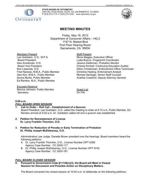 State Board of Optometry - Meeting Minutes