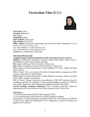 Curriculum Vitae (C.V.) - Pasteur Institute of Iran