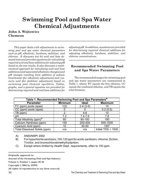 Swimming Pool and Spa Water Chemical Adjustments - jspsi