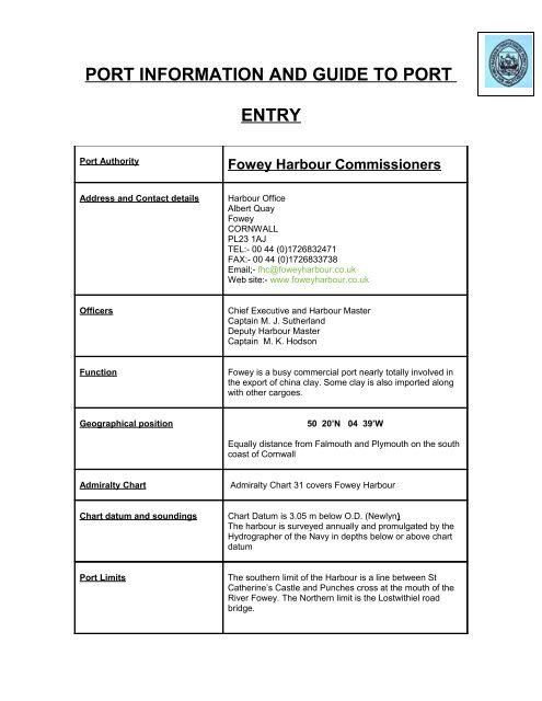 port information and guide to port entry - Fowey Harbour