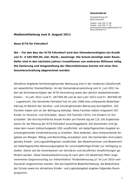 Medienmitteilung vom 8. August 2011 - Gemeinde Fehraltorf