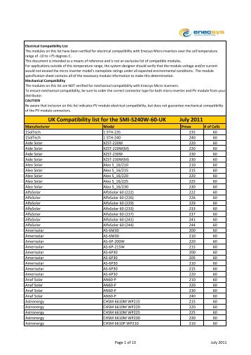 Compatibility list for SMI-240-60 - July 2011 - Segen