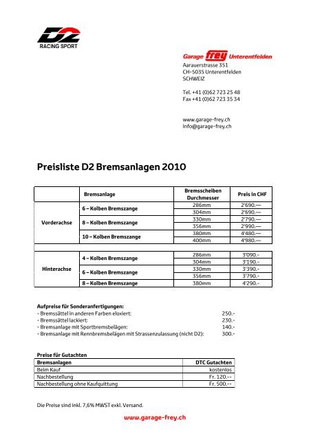 Preisliste D2 Bremsanlagen 2010 - Garage Frey Unterentfelden