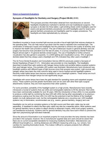 Synopsis of Headlights for Dentistry and Surgery - Air Force ...