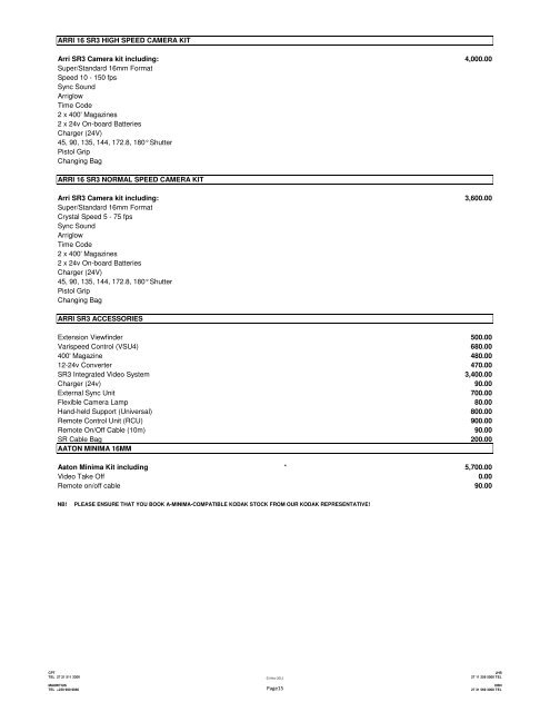 price list - Media Film Service