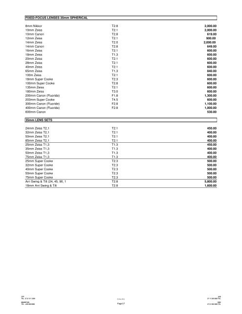 price list - Media Film Service