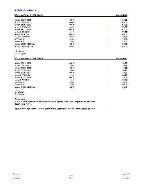 price list - Media Film Service