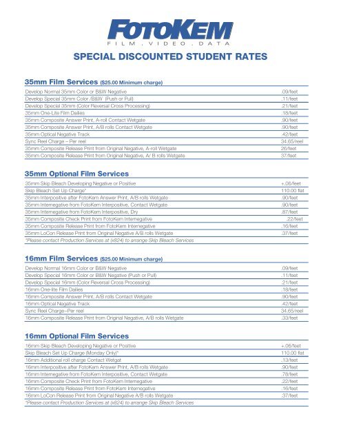 SPECIAL DISCOUNTED STUDENT RATES - FotoKem