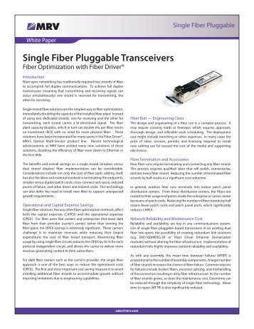 Single Fiber Pluggable Transceivers — PDF - MRV Communications