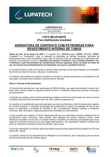 Assinatura de contrato com a Petrobras - Lupatech SA
