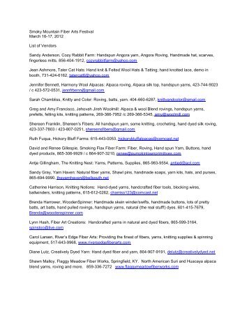 Smoky Mountain Fiber Arts Festival March 16-17, 2012 List of ...